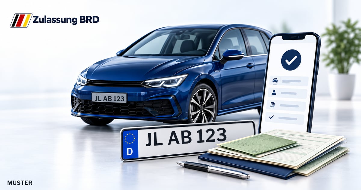 Online Fahrzeugzulassung in Gommern: Musterkennzeichen JL AB 123, Auto und Fahrzeugpapiere und Smartphone. Illustration mit Logo von Zulassung BRD.